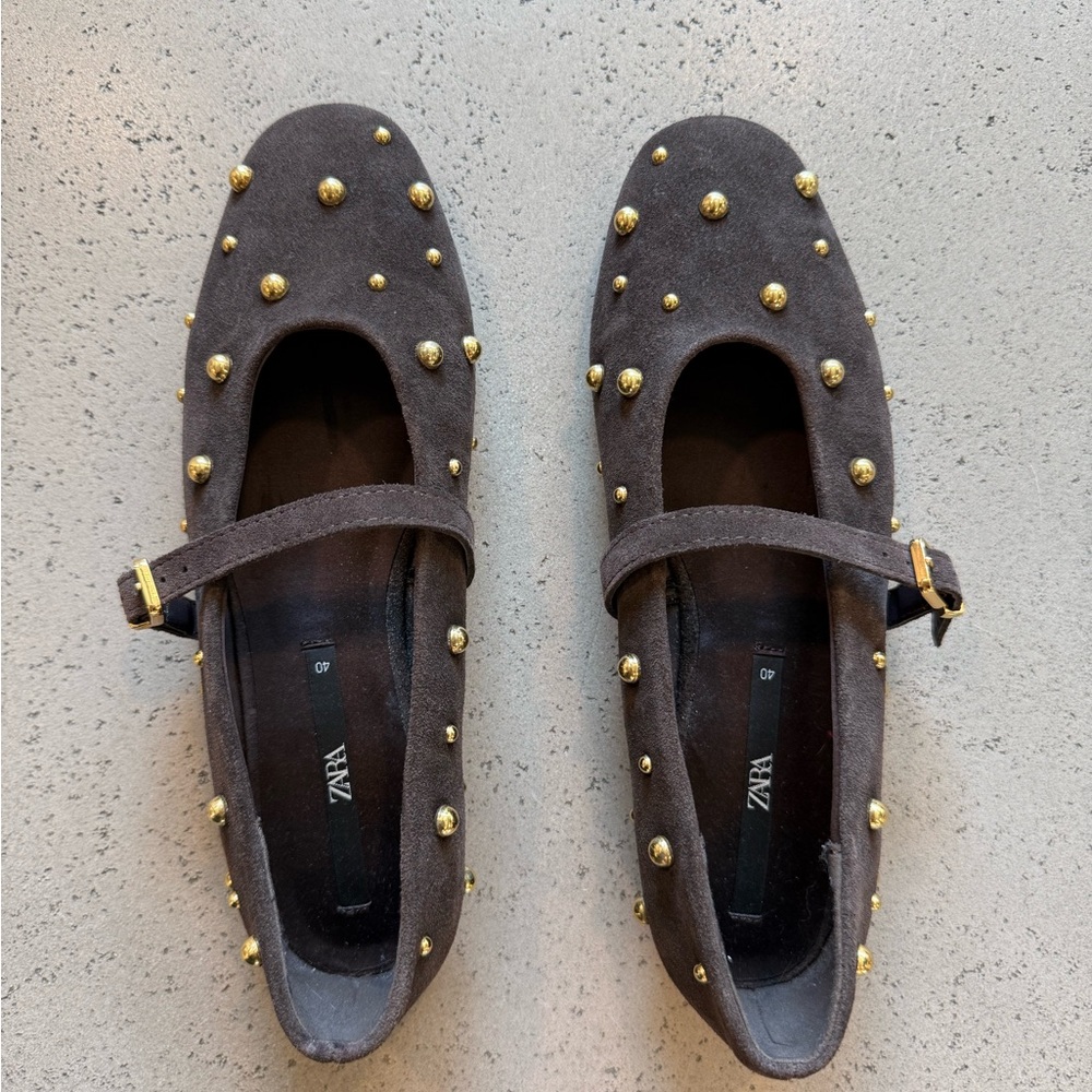 ZARA Brown Suede Mary Jane Flats with Gold Studs